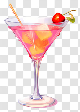 Pink Cocktail - Pink Cocktail Glass With Cherry Garnish Illustration Transparent PNG