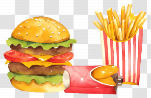 National Fast Food Day - Delicious Cartoon Burger With French Fries Transparent PNG