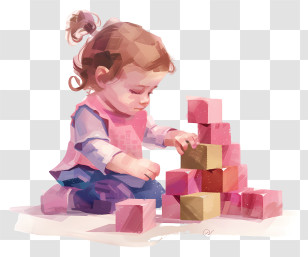 Young Girl - Girl Stacking Colorful Blocks In Artistic Illustration Transparent PNG