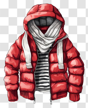 Red Padded Jacket - Red Hooded Winter Jacket With Scarf And Striped Shirt Transparent PNG