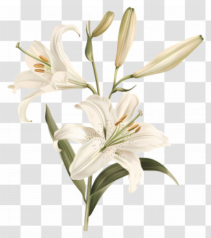 Lily Flower - Elegant White Lily Flower With Green Stalks Transparent PNG