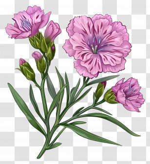 Dianthus Flower - Pink Carnation Flowers Botanical Illustration Transparent PNG