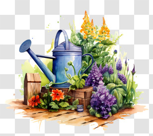 Watering Can Plants - Blue Watering Can In Lush Garden Transparent PNG