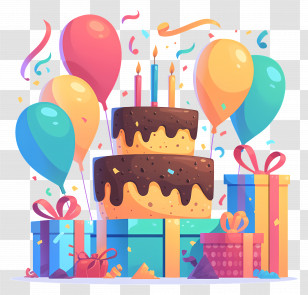 Birthday Cake - Birthday Cake With Balloons And Gifts Transparent PNG