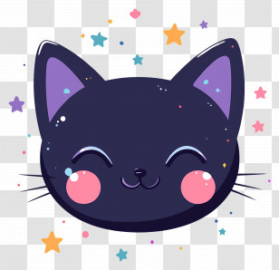 Kawaii Cat - Black Cartoon Cat With Stars Transparent PNG