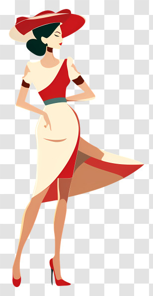 Fashion Retro - Fashionable Cartoon Illustration Of A Woman In Red And Cream Dress Transparent PNG