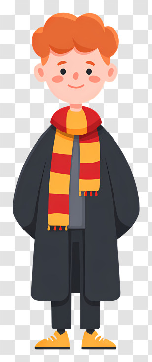 Smiling Student In Mantle - Cartoon Boy With Red And Yellow Scarf Transparent PNG