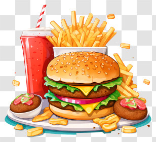 Fast Food - Burger With Fries And Drink In Cartoon Style Transparent PNG
