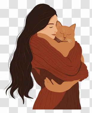 National Hug Your Cat Day - Woman Hugging Her Cat In Cozy Illustration Transparent PNG