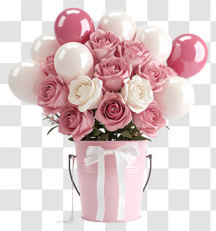 Valentine Elements - Flower Bouquet With Balloons In Pink Bucket Transparent PNG