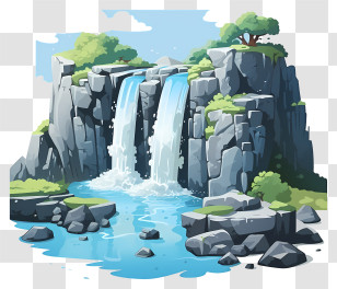 Hand Drawn Waterfall - Cartoon Double Waterfall Amid Rocky Landscape Transparent PNG
