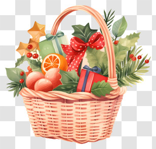 Wicker Basket - Festive Gift Basket With Holiday Decorations Transparent PNG