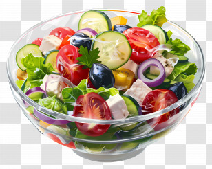 Greek Salad - Fresh Vegetable Salad In Glass Bowl Transparent PNG