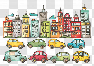 Cars In City - City Skyline With Colorful Cars Transparent PNG