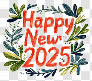 Happy New Year - Happy New Year 2025 Greeting Card With Leaves Transparent PNG