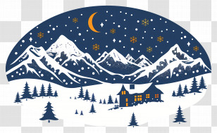 Snowy Mountains Background - Night Winter Scene With Cabin Transparent PNG