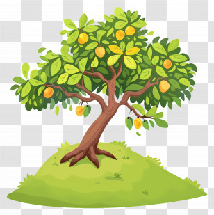 Mango Tree - Cartoon Orange Tree On A Grassy Hill Transparent PNG