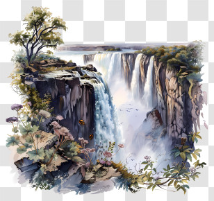 Victoria Falls - Scenic Waterfall Surrounded By Lush Plants Illustration Transparent PNG