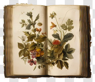 Open Book - Antique Botanical Illustrated Book With Flower Art Transparent PNG