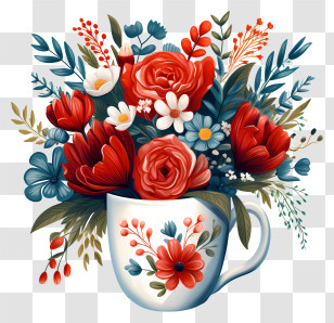 Vase - Vibrant Flower Bouquet In Decorative Mug Transparent PNG