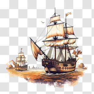 Columbus Day - Illustration Of Vintage Sailing Ships On The Sea Transparent PNG