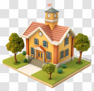 Animated School - Charming School Building With Clock Tower And Greenery Transparent PNG