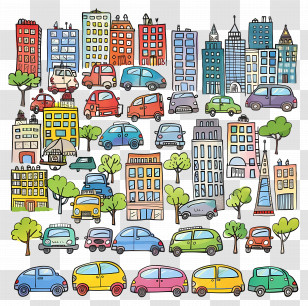 Cars In City - Cartoon Doodle Cityscape With Cars And Buildings Transparent PNG