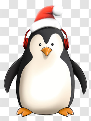 Penguin - Cartoon Penguin With Santa Hat And Headphones Transparent PNG