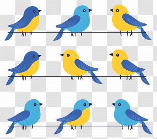 Birds Sitting On Wire - Simple Blue And Yellow Birds Transparent PNG
