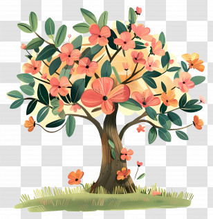 Cartoon Tree - Flowering Tree With Pink Blossoms Transparent PNG