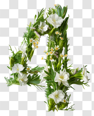 Number 4 Flowers - Number Four Crafted In Lush Greenery And White Flowers Transparent PNG