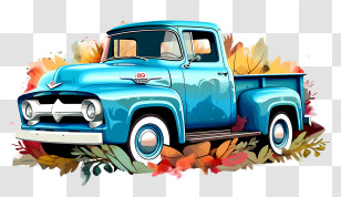 Vintage Car - Blue Retro Pickup Truck With Autumn Leaves Transparent PNG