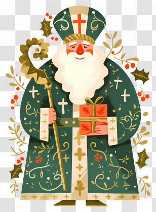 Saint Nicholas Day - Saint Nicholas Holding Gift And Staff For Holiday Transparent PNG