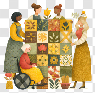 Women Sewing Patchwork Quilt - Women Holding Patchwork Floral Quilt Transparent PNG