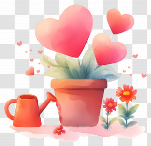 World Kindness Day - Heart-Shaped Flowers In A Pot With Watering Can Transparent PNG