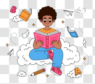 Cartoon Study - Child Reading A Book On A Cloud Transparent PNG