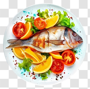 Watercolor Fish Dish - Grilled Fish With Vegetables Transparent PNG