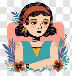 Retro Girl Tattoo - Artistic Portrait Of Woman With Flowers Transparent PNG