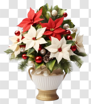 White Vase - Christmas Flower Bouquet With Red And White Poinsettias Transparent PNG