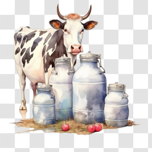Watercolor Cow
 - Rustic Cow With Milk Storage Containers Design Transparent PNG