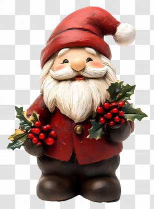 Christmas Gnome - Santa Claus Statue Holding Christmas Holly Transparent PNG