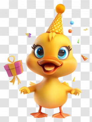 Animal - Cartoon Duck With Party Hat And Gift Transparent PNG