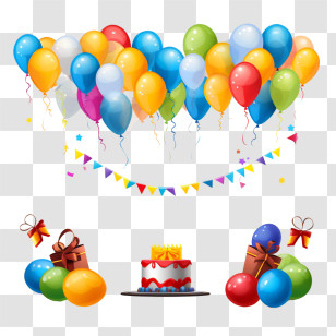 Birthday Party Frame - Colorful Birthday Celebration With Balloons, Cake, And Gifts Transparent PNG