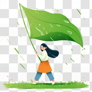Girl Running In Rain - Girl Holding Green Leaf Flag In Rain Transparent PNG