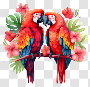 Valentine Parrots - Two Colorful Parrots With Tropical Flowers Transparent PNG
