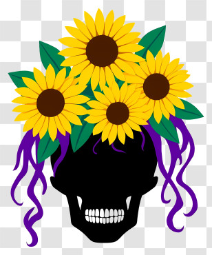 Halloween Skull Flowers - Black Skull With Sunflowers Transparent PNG
