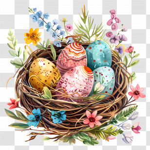 Easter Eggs In A Nest - Decorative Easter Eggs In A Nest With Flowers Transparent PNG