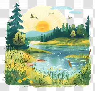 Summer Background - Peaceful Forest Landscape With River And Sunset Transparent PNG