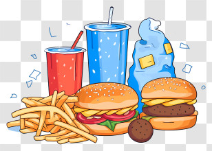 Food Items - Fast Food Combo With Burgers And Drinks Transparent PNG