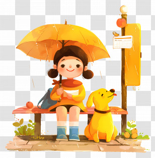 Girl At Bus Stop - Cute Girl With Yellow Umbrella In Rainy Day Transparent PNG